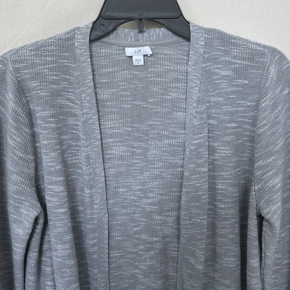 J. Jill Womens Grey Marled Cotton Linen Blend Open Front Knit Cardigan Sz M Cozy - Picture 2 of 9